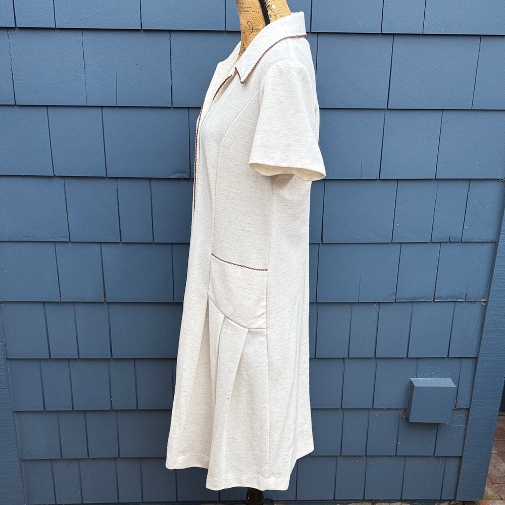 Vintage Cream Midi house Dress with brown accents speckled large 50’s - Picture 9 of 14